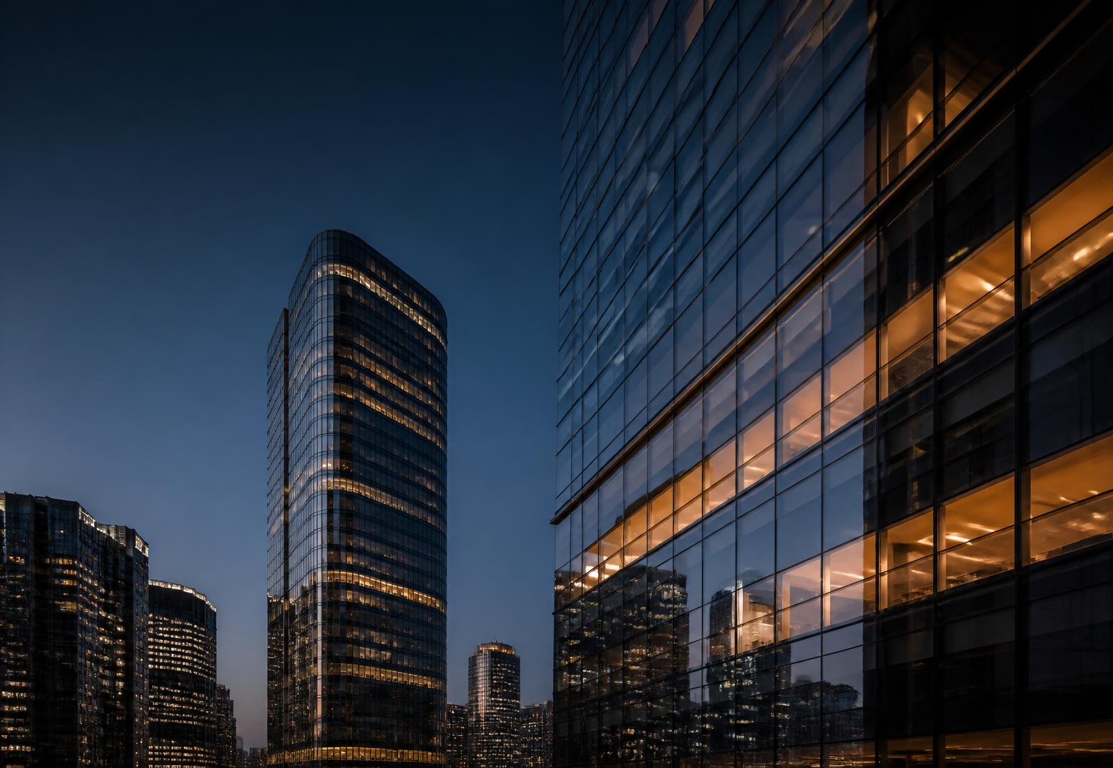 Glass office towers in a financial district at dusk
