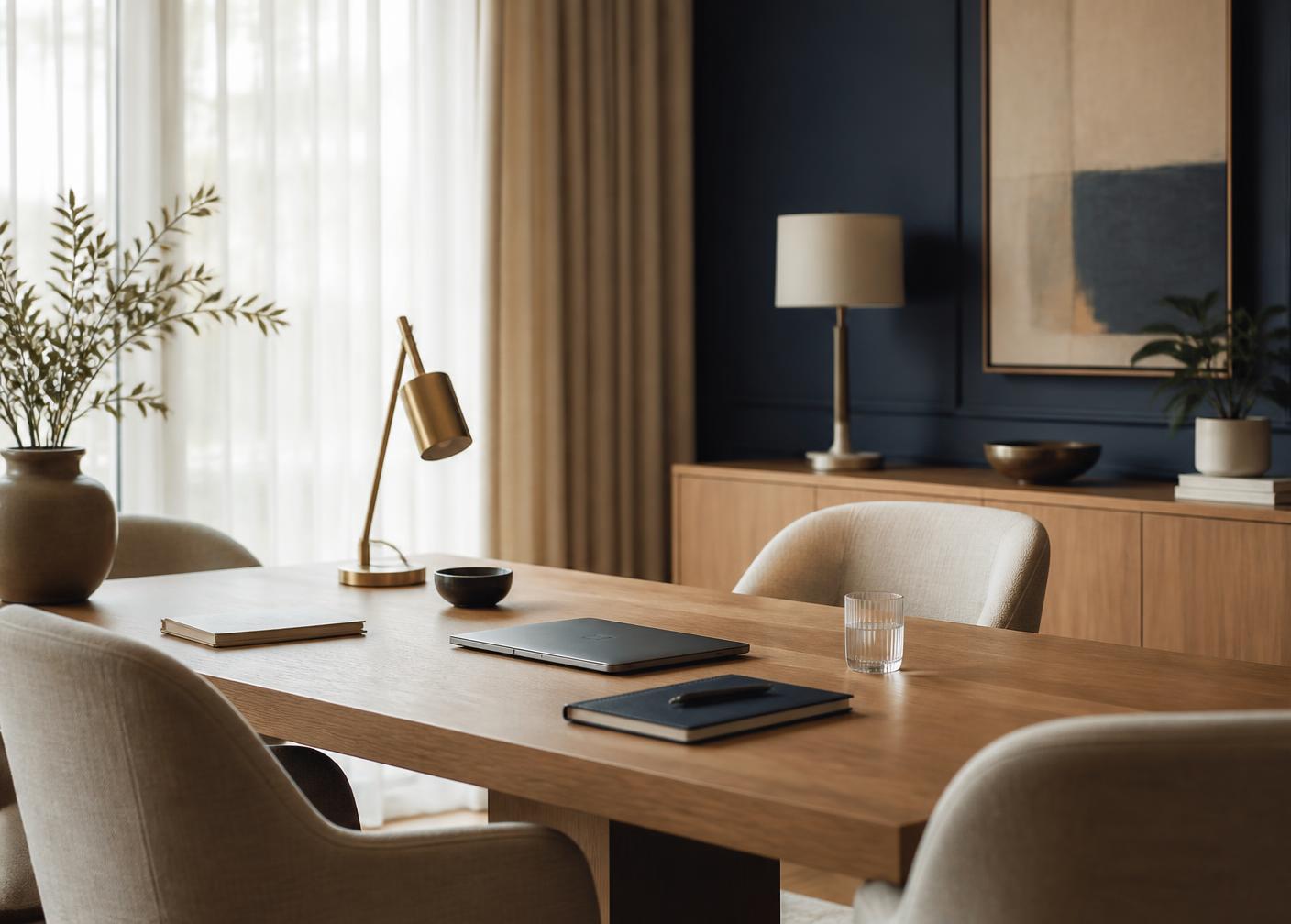 Calm consultation room with an oak table and soft daylight