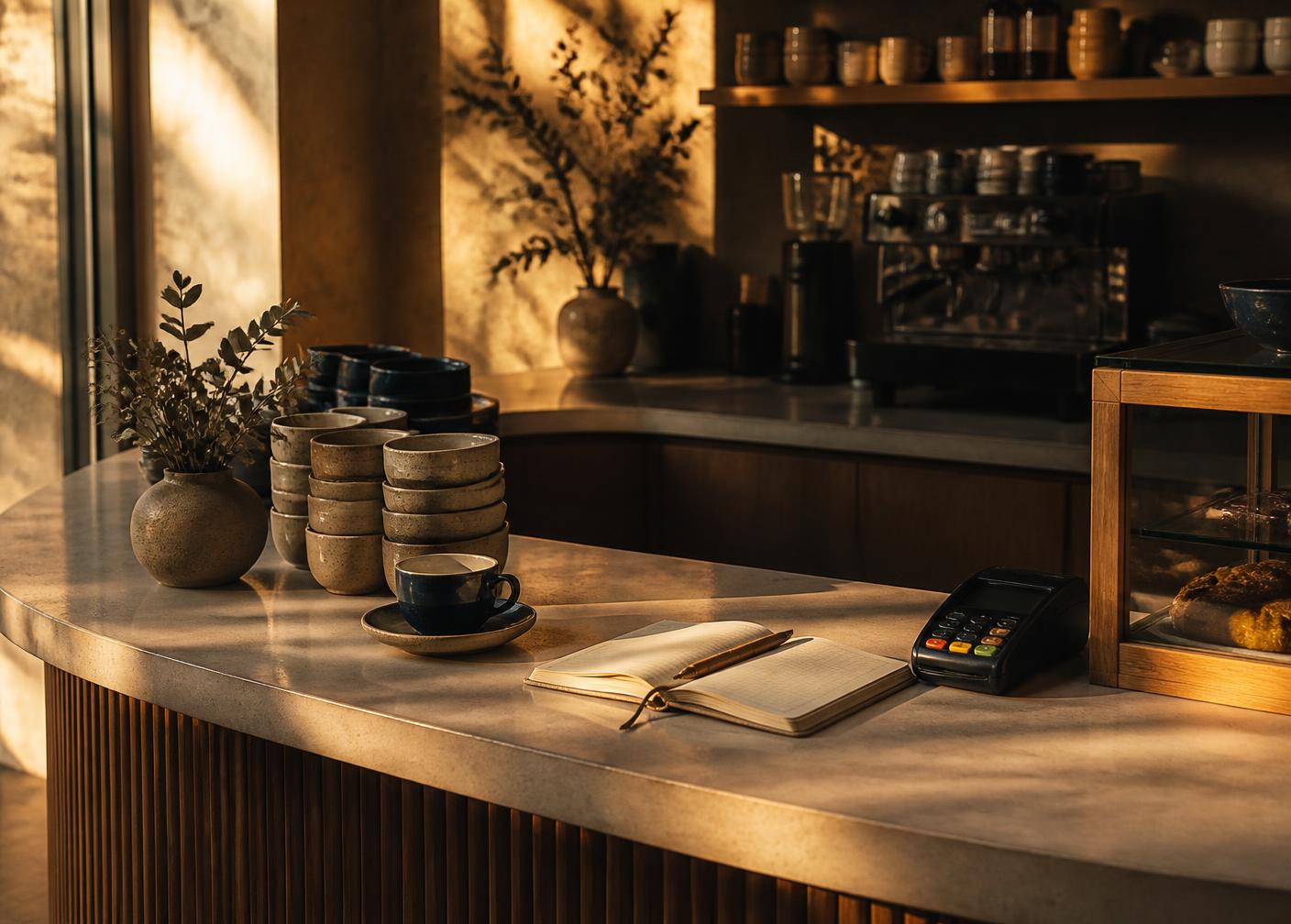Independent cafe counter at golden hour with a ledger notebook